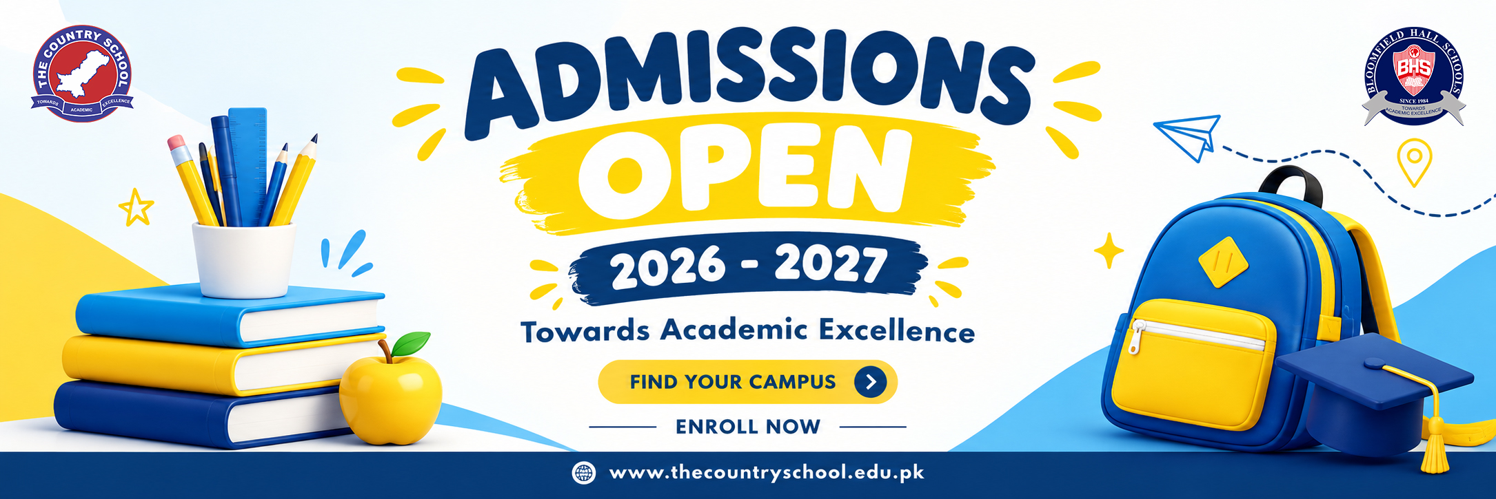 The Country School admissions open 2026–2027 banner promoting academic excellence and campus enrollment