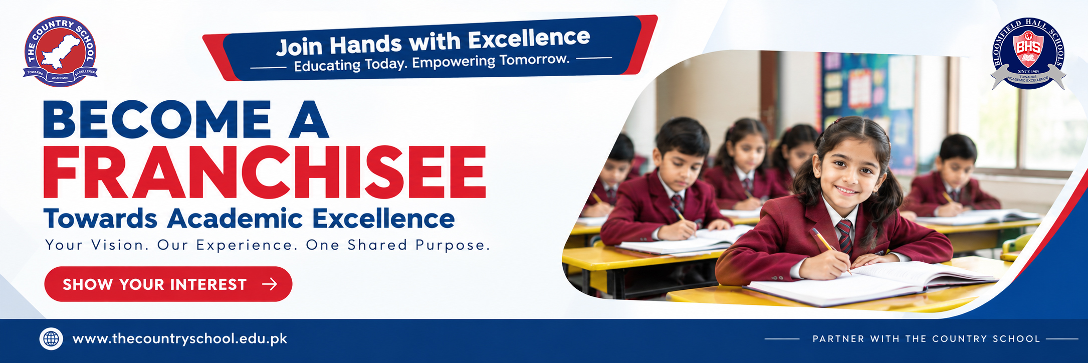 The Country School franchise opportunity banner inviting partners to join its education network and pursue academic excellence